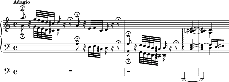 
\new Score <<
  \new PianoStaff <<
    \new Staff <<
      \new Voice \relative c''' {
        \set PianoStaff.connectArpeggios = ##t
        \override Score.NonMusicalPaperColumn #'line-break-permission = ##f
        \tempo Adagio
        \voiceOne
        a8 \fermata \mordent b,32 \rest g'64 f e d cis32 d16 b \rest b8 \rest \fermata
        a \fermata \mordent b32 \rest e, f cis d16 b' \rest b8 \rest \fermata |
        s2. \oneVoice <bes, cis e>4 ~ \arpeggio
        <bes cis e>4 d
      }
      \new Voice \relative c'' {
        \voiceTwo
        a8 \fermata \mordent s32 g64 f e d cis32 d16 s8. s2 |
        s1
        s4 a
      }
    >>
    \new Staff <<
      \new Voice \relative c' {
        \clef "bass"
        s2 a8 \fermata \mordent d,32 \rest e f cis d16 d \rest d8 \rest \fermata |
        \voiceOne
        a'8 \fermata \mordent d,32 \rest g64 f e d cis32 d16 d16 \rest d8 \rest \fermata d4 \rest <cis e g>4 ~ \arpeggio |
        <cis e g> ~ g'16 e fis8
      }
      \new Voice \relative c {
        \voiceTwo
        s1
        a8 \fermata \mordent s32 g64 f e d cis32 d16 s8. s2 |
        s4 d'4
      }
    >>
  >>
  \new Staff \relative c, {
    \clef "bass"
    R1 |
    r2  d ~ |
    d
  }
>>
